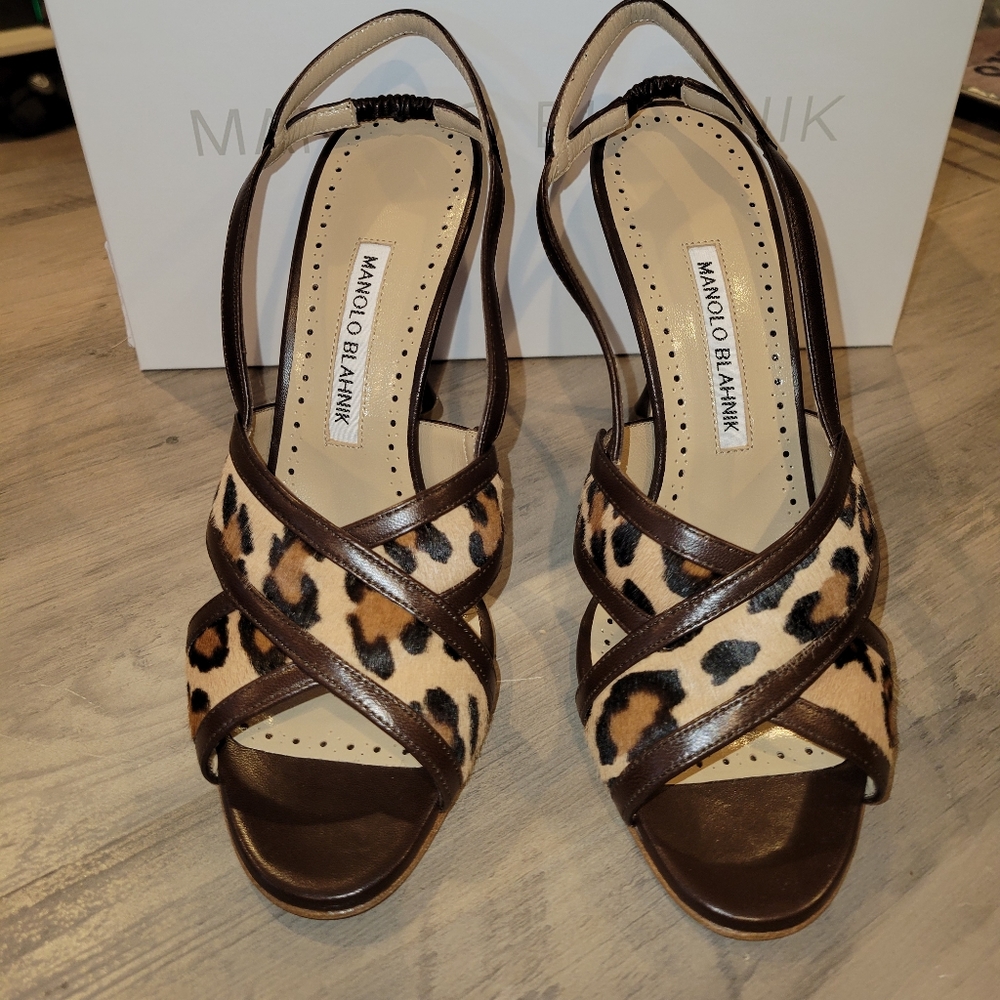 Manolo Blahnik pelicana leopard sandal heels